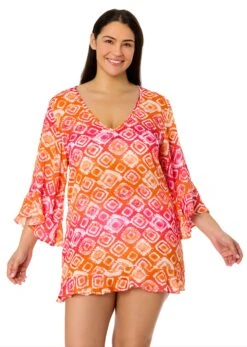 Women's Plus Tie Dye Foulard Flounce V Neck Tunic Swimsuit Cover Up(Womens Plus Tie Dye Foulard Flounce V Neck Tunic Swimsuit Cover Up)