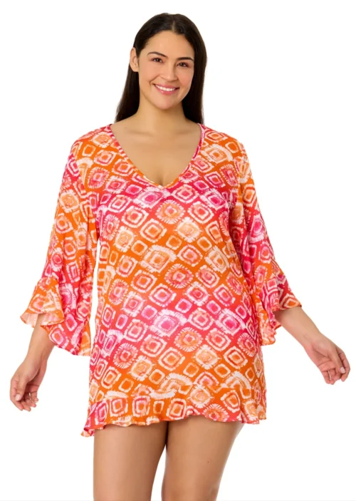 Women's Plus Tie Dye Foulard Flounce V Neck Tunic Swimsuit Cover Up(Womens Plus Tie Dye Foulard Flounce V Neck Tunic Swimsuit Cover Up)