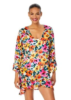 Women's Gradient Floral Flounce V Neck Tunic Swimsuit Cover Up(Womens Gradient Floral Flounce V Neck Tunic Swimsuit Cover Up)
