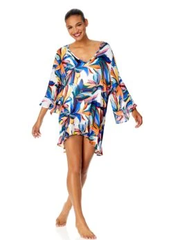 Women's Riviera Floral Flounce V Neck Tunic Swimsuit Cover Up(Womens Riviera Floral Flounce V Neck Tunic Swimsuit Cover Up) -Simply Bikini Store 25MC51015 MULT 096