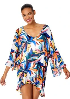 Women's Riviera Floral Flounce V Neck Tunic Swimsuit Cover Up(Womens Riviera Floral Flounce V Neck Tunic Swimsuit Cover Up)