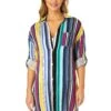 Women's Barcode Stripe Button Down Shirt Swimsuit Cover Up(Womens Barcode Stripe Button Down Shirt Swimsuit Cover Up) -Simply Bikini Store 25MC530101 MULT 1633