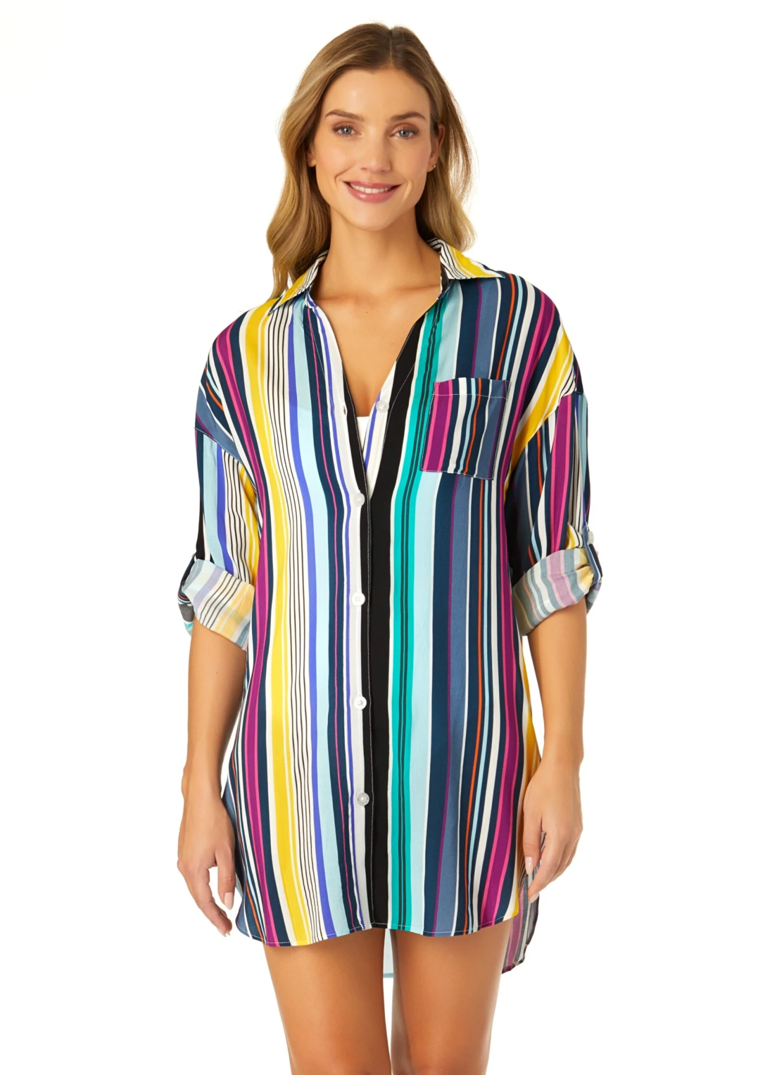Women's Barcode Stripe Button Down Shirt Swimsuit Cover Up(Womens Barcode Stripe Button Down Shirt Swimsuit Cover Up) 3 Women's Barcode Stripe Button Down Shirt Swimsuit Cover Up(Womens Barcode Stripe Button Down Shirt Swimsuit Cover Up)