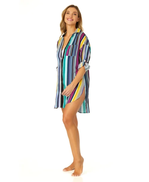Women's Barcode Stripe Button Down Shirt Swimsuit Cover Up(Womens Barcode Stripe Button Down Shirt Swimsuit Cover Up) -Simply Bikini Store 25MC530101 MULT 1637 scaled