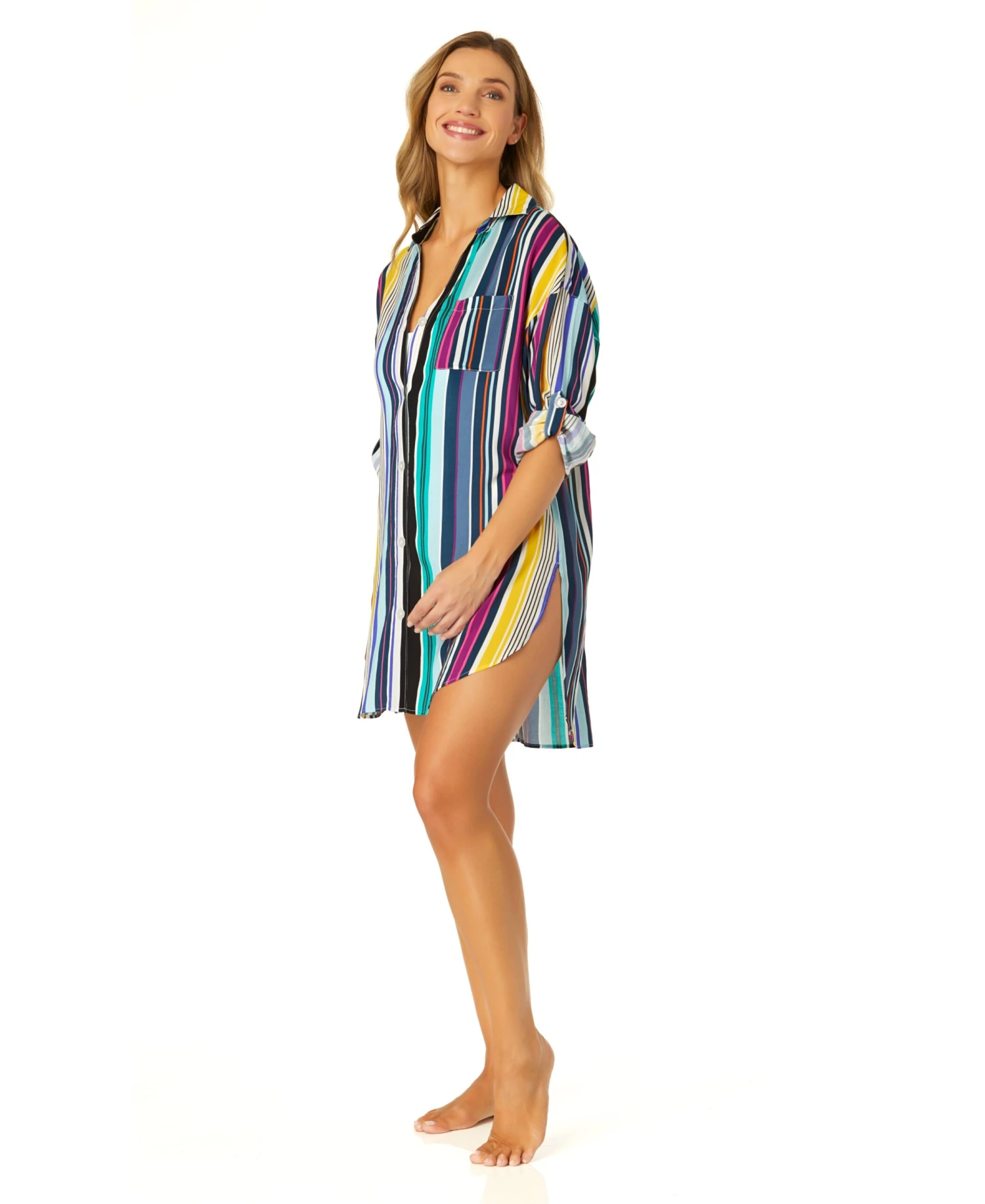 Women's Barcode Stripe Button Down Shirt Swimsuit Cover Up(Womens Barcode Stripe Button Down Shirt Swimsuit Cover Up) 6 Women's Barcode Stripe Button Down Shirt Swimsuit Cover Up(Womens Barcode Stripe Button Down Shirt Swimsuit Cover Up) - Image 4