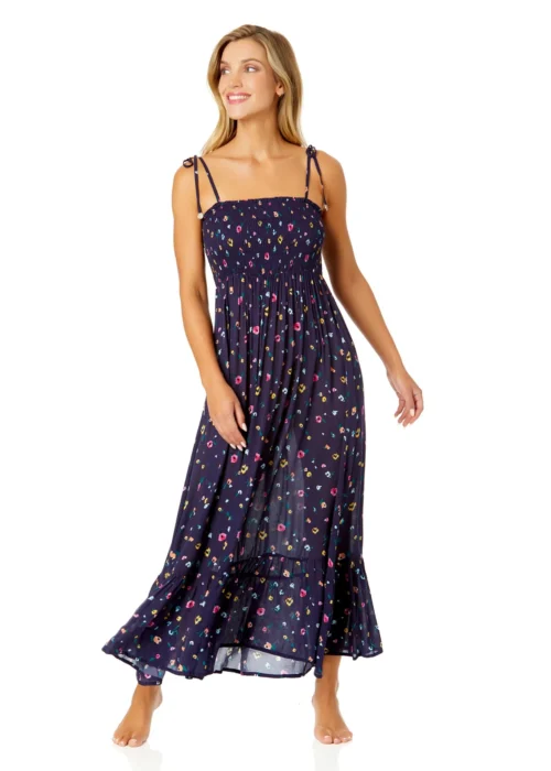 Women's Gradient Floral Smocked Shoulder Tie Dress Cover Up(Womens Gradient Floral Smocked Shoulder Tie Dress Cover Up)