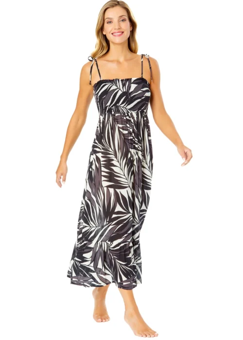 Women's Palm Chic Smocked Shoulder Tie Dress Cover Up(Womens Palm Chic Smocked Shoulder Tie Dress Cover Up)