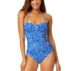 Women's Denim Dot Twist Front Shirred One Piece Swimsuit(Womens Denim Dot Twist Front Shirred One Piece Swimsuit)