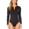 Women's Live In Color Long Sleeve Front Zip Rash Guard Swimsuit(Womens Live In Color Long Sleeve Front Zip Rash Guard Swimsuit) -Simply Bikini Store 25MO03001 BLK NoireBlack 429 FRONT