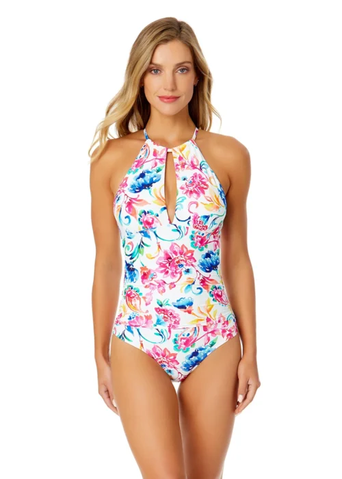 Women's Watercolor Paisley High Neck With Ruffled Straps One Piece Swimsuit(Womens Watercolor Paisley High Neck With Ruffled Straps One Piece Swimsuit)