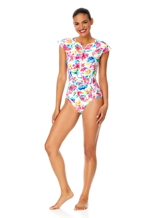 Women's Watercolor Paisley Flutter Sleeve Zip Up Rash Guard One Piece Swimsuit(Womens Watercolor Paisley Flutter Sleeve Zip Up Rash Guard One Piece Swimsuit) -Simply Bikini Store 25MO07970 MULT 1588 scaled