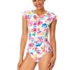 Women's Watercolor Paisley Flutter Sleeve Zip Up Rash Guard One Piece Swimsuit(Womens Watercolor Paisley Flutter Sleeve Zip Up Rash Guard One Piece Swimsuit) -Simply Bikini Store 25MO07970 MULT 1588 FRONT