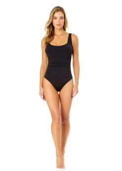 Women's Live In Color Square Neck Shirred One Piece Swimsuit(Womens Live In Color Square Neck Shirred One Piece Swimsuit) -Simply Bikini Store 25MO08001 BLK NoireBlack 067