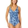 Women's Tie Dye Ikat Hidden Underwire Drape Front One Piece Swimsuit(Womens Tie Dye Ikat Hidden Underwire Drape Front One Piece Swimsuit) -Simply Bikini Store 25MO08768 BLWH 1081 FRONT