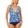 Women's Tie Dye Ikat Ring Plunge Tankini Swim Top(Womens Tie Dye Ikat Ring Plunge Tankini Swim Top) -Simply Bikini Store 25MT26368 BLWH MYMB36001NAVY 2665 FRONT