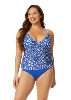 Women's Denim Dot Wrap Tie Tankini Swim Top(Womens Denim Dot Wrap Tie Tankini Swim Top)