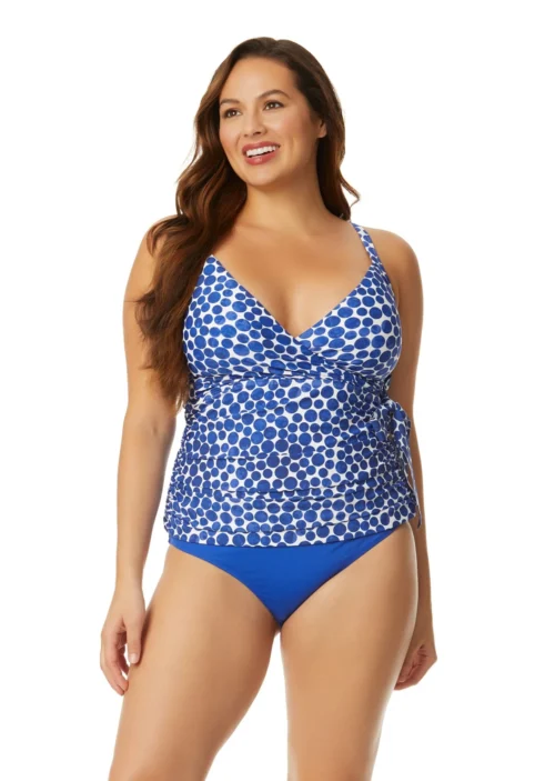 Women's Denim Dot Wrap Tie Tankini Swim Top(Womens Denim Dot Wrap Tie Tankini Swim Top)