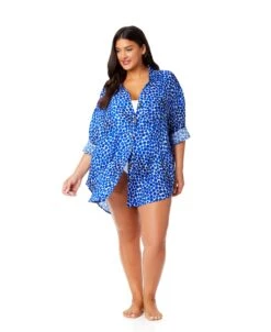 Women's Plus Denim Dot Button Down Shirt Swimsuit Cover Up(Womens Plus Denim Dot Button Down Shirt Swimsuit Cover Up) -Simply Bikini Store 25PC53012 DEPR 1580