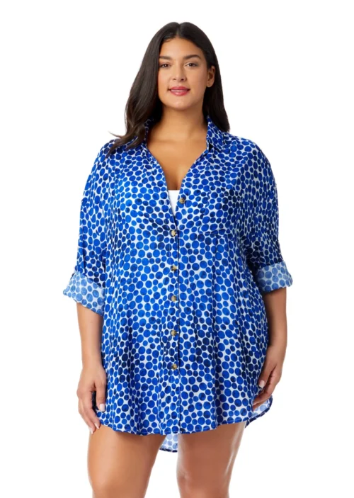 Women's Plus Denim Dot Button Down Shirt Swimsuit Cover Up(Womens Plus Denim Dot Button Down Shirt Swimsuit Cover Up)