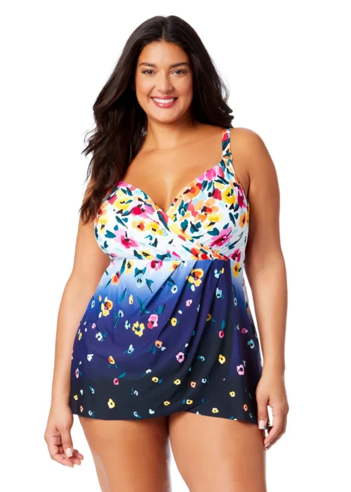 Women's Plus Gradient Floral Swim Dress With Skirted Bottom(Womens Plus Gradient Floral Swim Dress With Skirted Bottom)