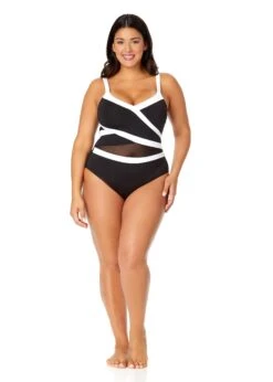 Women's Plus Mesh Around Mesh Insert One Piece Swimsuit(Womens Plus Mesh Around Mesh Insert One Piece Swimsuit) -Simply Bikini Store 25PO02001 BLK 2604