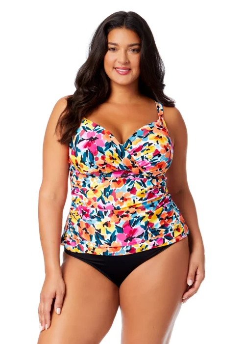 Women's Plus Gradient Floral Twist Front Underwire Tankini Swim Top(Womens Plus Gradient Floral Twist Front Underwire Tankini Swim Top)