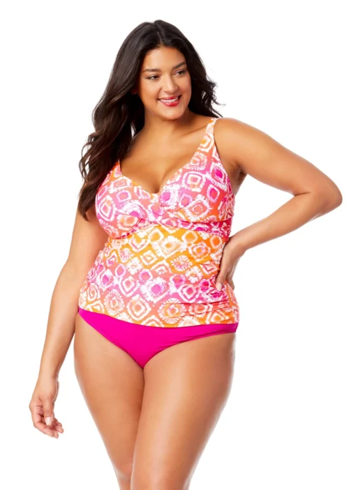 Women's Plus Tie Dye Foulard Hidden Underwire Drape Front Tankini Swim Top(Womens Plus Tie Dye Foulard Hidden Underwire Drape Front Tankini Swim Top)