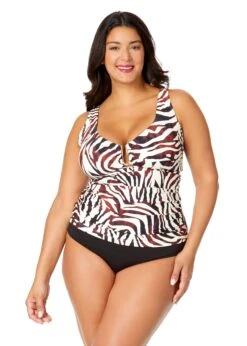 Women's Plus Tiger Dance Ring Front Tankini Swim Top(Womens Plus Tiger Dance Ring Front Tankini Swim Top)