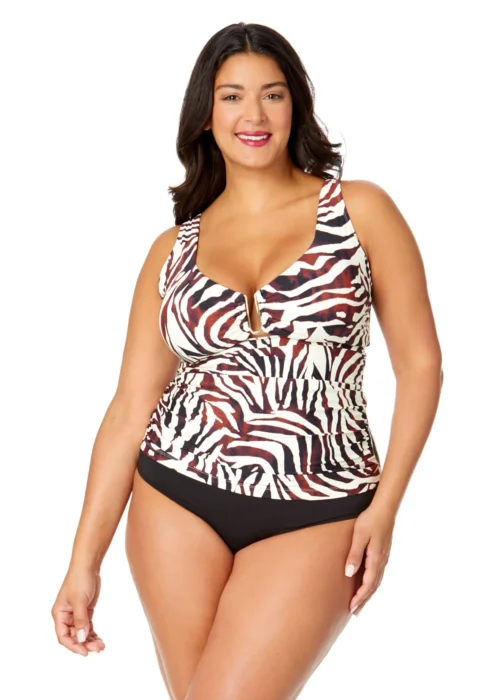 Women's Plus Tiger Dance Ring Front Tankini Swim Top(Womens Plus Tiger Dance Ring Front Tankini Swim Top)