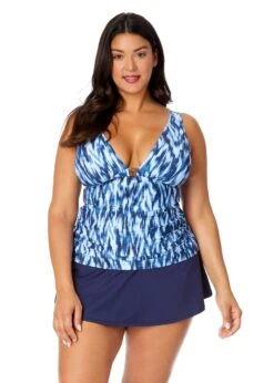 Women's Plus Tie Dye Ikat Ring Plunge Tankini Swim Top(Womens Plus Tie Dye Ikat Ring Plunge Tankini Swim Top)