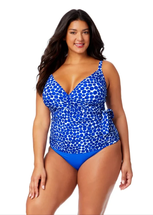 Women's Plus Denim Dot Wrap Tie Tankini Swim Top(Womens Plus Denim Dot Wrap Tie Tankini Swim Top)