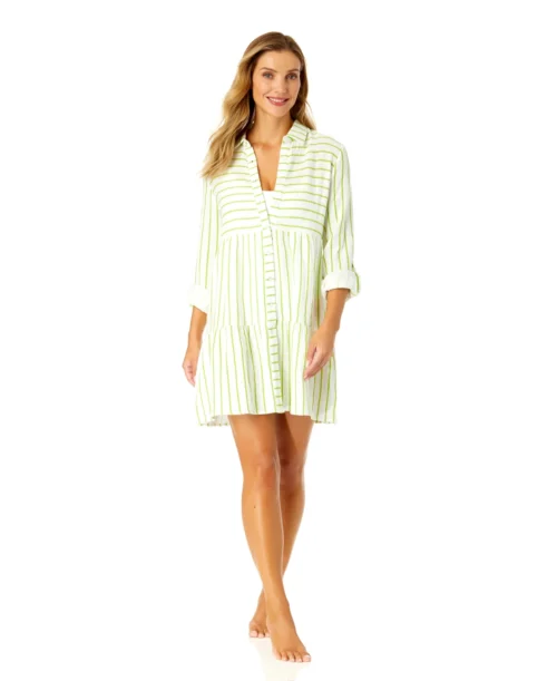 Women's Button Front Long Sleeve Tiered Dress Cover Up(Womens Button Front Long Sleeve Tiered Dress Cover Up) -Simply Bikini Store CU15865 ISLANDSTRIPELIME 1464 scaled