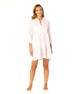 Women's Button Front Long Sleeve Tiered Dress Cover Up(Womens Button Front Long Sleeve Tiered Dress Cover Up 1) -Simply Bikini Store CU15865 ISLANDSTRIPEPINK 1584