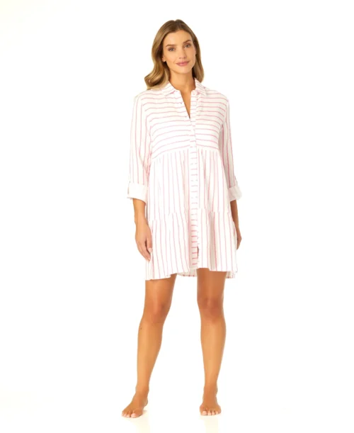 Women's Button Front Long Sleeve Tiered Dress Cover Up(Womens Button Front Long Sleeve Tiered Dress Cover Up 1) -Simply Bikini Store CU15865 ISLANDSTRIPEPINK 1584 scaled