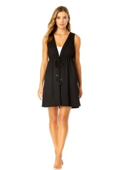 Women's V Neck Dress With Drawstring Waist Detail Cover Up(Womens V Neck Dress With Drawstring Waist Detail Cover Up 1) -Simply Bikini Store CU181705 METERORITE 1220