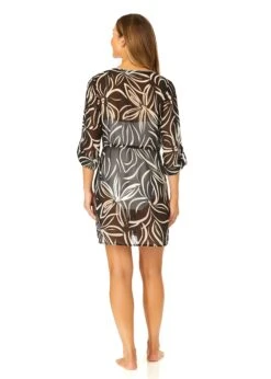 Women's V Neck Roll Tab Sleeve Pocket Dress Cover Up(Womens V Neck Roll Tab Sleeve Pocket Dress Cover Up) 10 Women's V Neck Roll Tab Sleeve Pocket Dress Cover Up(Womens V Neck Roll Tab Sleeve Pocket Dress Cover Up) -Simply Bikini Store CU2955 MONO FLORAL 1419