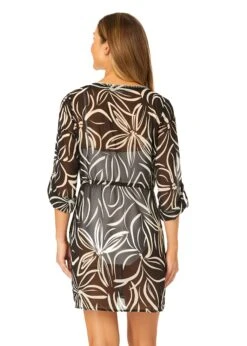 Women's V Neck Roll Tab Sleeve Pocket Dress Cover Up(Womens V Neck Roll Tab Sleeve Pocket Dress Cover Up) 12 Women's V Neck Roll Tab Sleeve Pocket Dress Cover Up(Womens V Neck Roll Tab Sleeve Pocket Dress Cover Up) -Simply Bikini Store CU2955 MONO FLORAL 1419 BACK