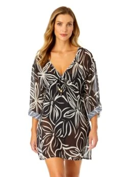 Women's V Neck Roll Tab Sleeve Pocket Dress Cover Up(Womens V Neck Roll Tab Sleeve Pocket Dress Cover Up) 11 Women's V Neck Roll Tab Sleeve Pocket Dress Cover Up(Womens V Neck Roll Tab Sleeve Pocket Dress Cover Up) -Simply Bikini Store CU2955 MONO FLORAL 1538 FRONT
