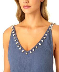Women's V Neck Braided Shell Strap Cover Up(Womens V Neck Braided Shell Strap Cover Up) -Simply Bikini Store CU4875 BLUEINDIGO 1481
