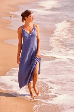 Women's V Neck Braided Shell Strap Cover Up(Womens V Neck Braided Shell Strap Cover Up) -Simply Bikini Store blueshellibcu2